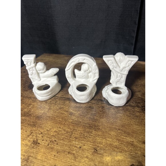 Christmas JOY Candle Holder Trio, Ceramic Bisque Cherub Angels Candleholder Set - Picture 8 of 15